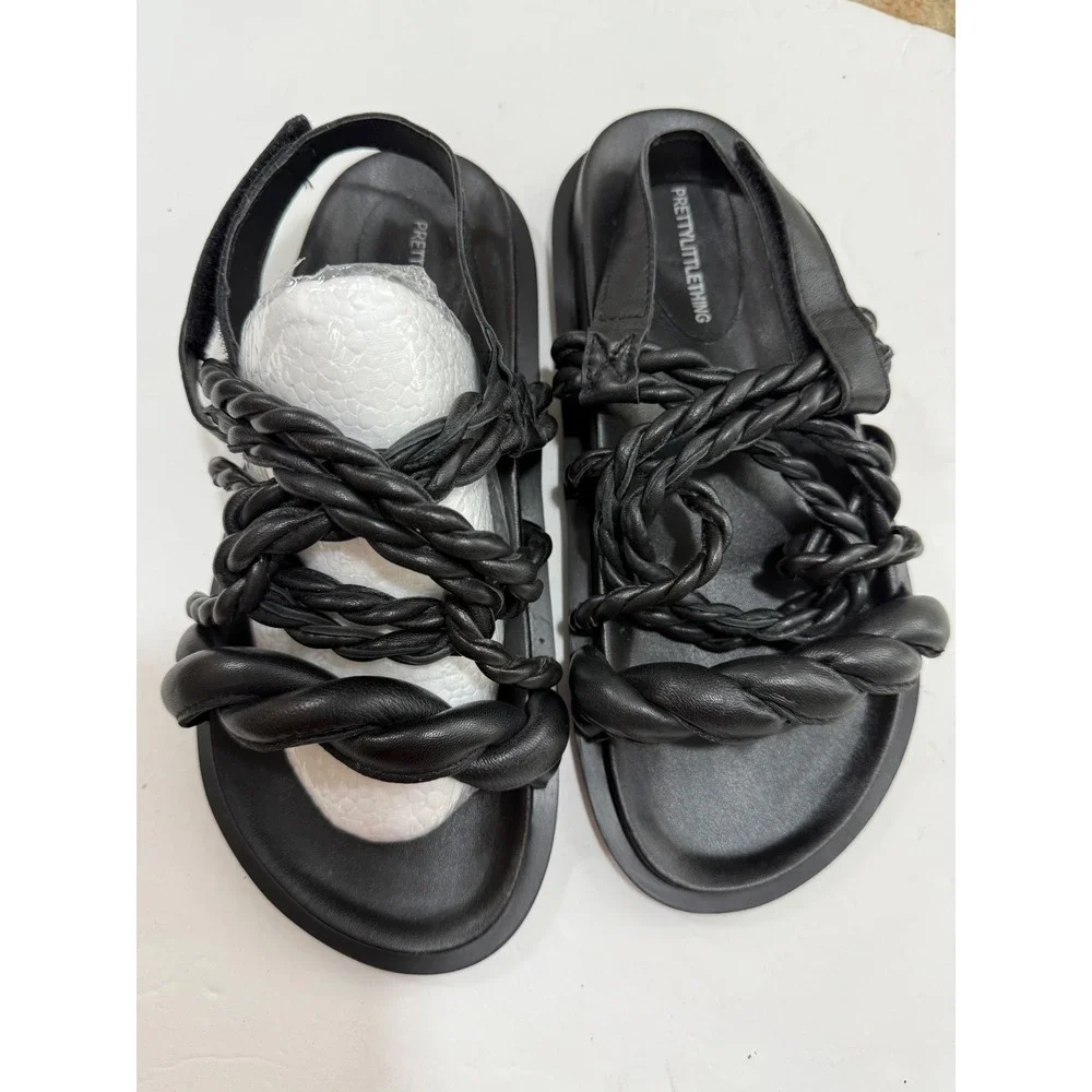 PrettyLittleThing 8 Blk Leather‎ Strappy Chunky Sandals Retro Grunge Y2K Beach